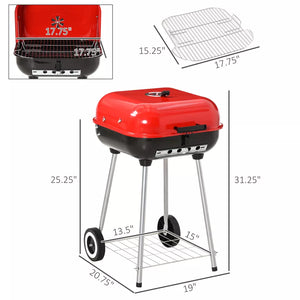 Portable charcoal BBQ grill with temperature control & storage shelf for outdoor cooking.